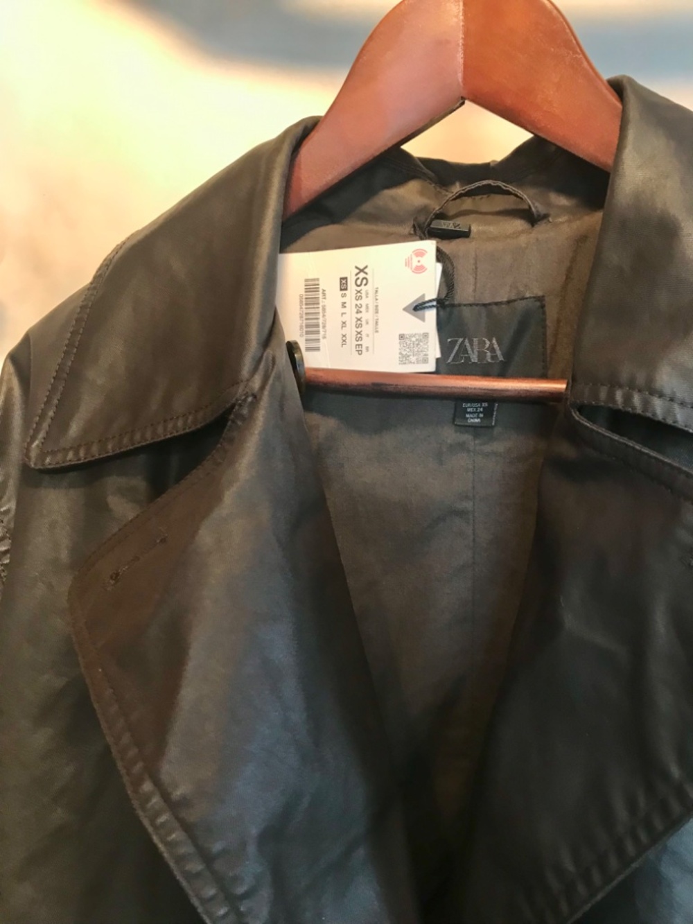 Zara Trench Cordoroy Cuffs Coat Waxing and Dark Brown Long Belted NWT - Picture 12 of 16